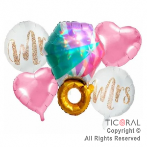 SET DE GLOBOS METALIZADO ANILLO CORAZONES 5 UNIDADES X 1